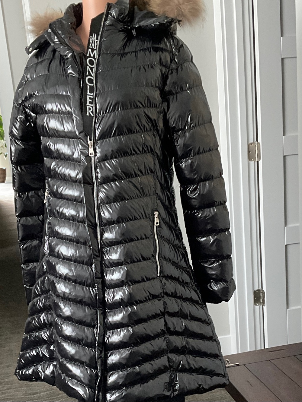 Moncler Black Glossy Quilted Down Puffer Coat with Fur-Trim Hood